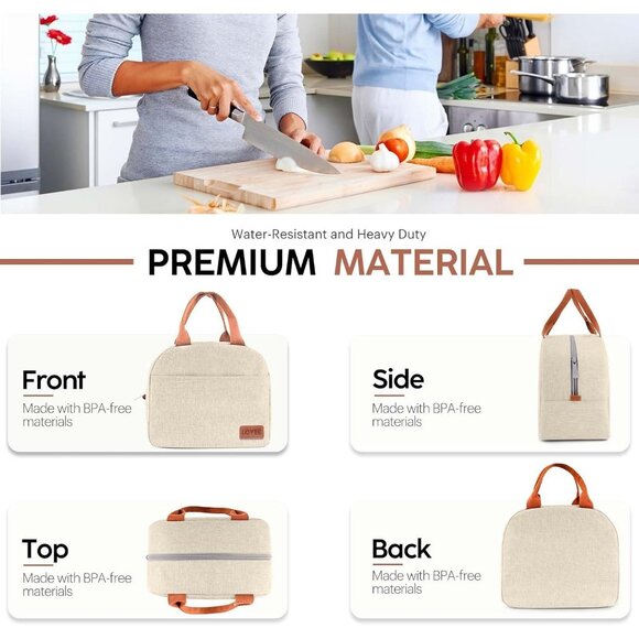 Large Insulated Lunch Bag for Women & Men, Leakproof Reusable Tote (Beige) - Picture 5 of 7